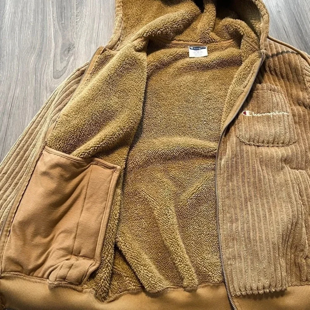 Champion Tan Corduroy Sherpa Lined Full Zip Hoodie Jacket Men's